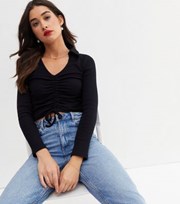 New Look Black Ribbed Ruched Collared Long Sleeve Crop Top